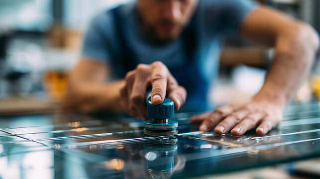 Faceless craftsman cutting decorative glass for a fireplace door using a circular glass cutter, precise technical process, defocused workshop environment in background, glass