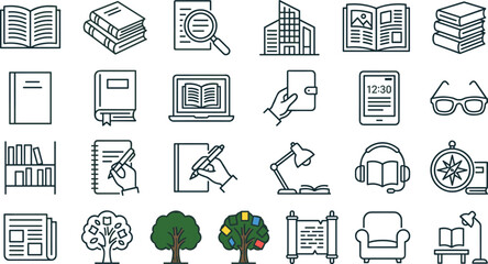 Vector linear outline icon set featuring education and reading concepts including books bookshelves laptop tablet headphones writing and tree elements collection © Khairul