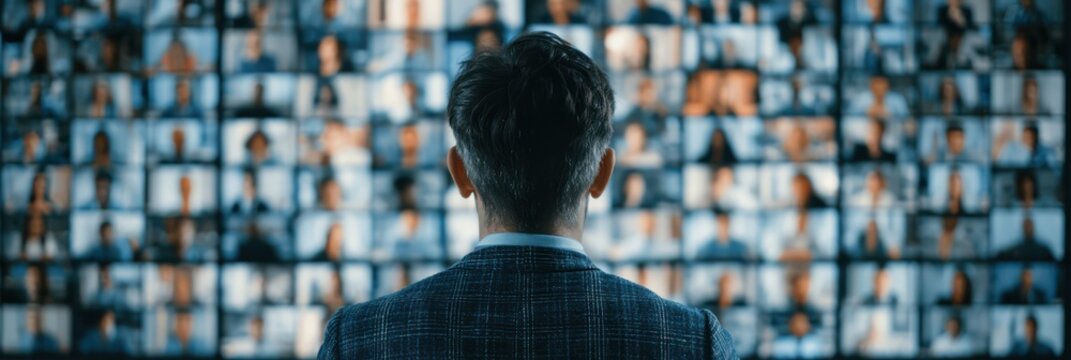A man in a suit looks at a large digital screen wall filled with numerous small video call participants in a virtual meeting or conference setting.
