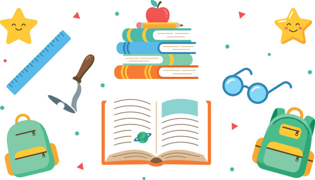 Vector colorful flat cartoon illustration set featuring school backpacks open book stacked textbooks apple ruler glasses and smiling star elements collection