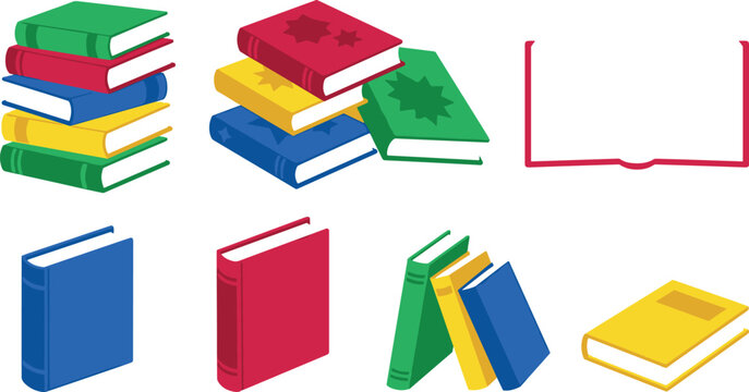 Vector colorful isometric flat illustration set featuring stacks of textbooks standing books open book layout and learning icons collection