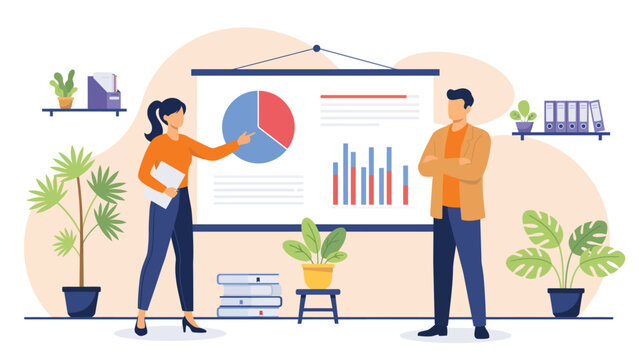 business data analytics flat vector illustration with professionals presenting financial dashboard, charts, reports and performance analysis