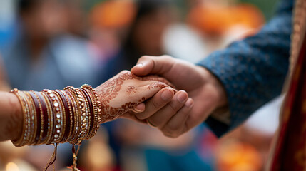 Fototapeta premium Close-up of bridal hands adorned with henna mehndi patterns and bangles, gently holding the groom's hand, symbolic wedding moment, defocused ceremony background, henna
