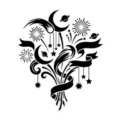 Naklejka premium Celestial celebration bundle with crescent moons stars and fireworks silhouette