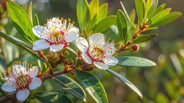 Close up of white myrtle flowers blooming on a green branch