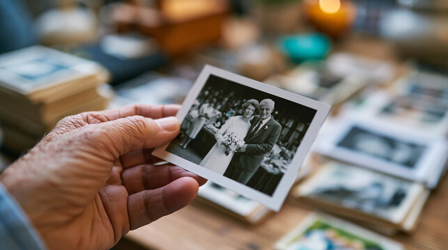 Close-up of a person's hand gently holding a cherished wedding photograph, stacked memory keepsakes visible in the background, nostalgic emotional atmosphere, defocused memory