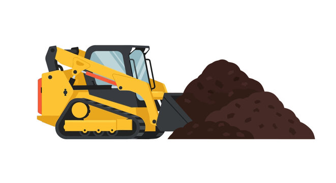 Yellow Compact Track Loader Vector Illustration - Skid Steer Moving Dirt Pile for Construction and Landscaping Design