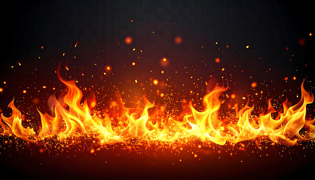 Dynamic fire element with glowing embers and bright flames on a dark background, concept of energy and heat