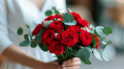 Fototapeta premium Faceless bride holding a vibrant bouquet of red roses and eucalyptus greenery, ready for her wedding ceremony, rich color contrast, defocused soft background, romantic bouquet