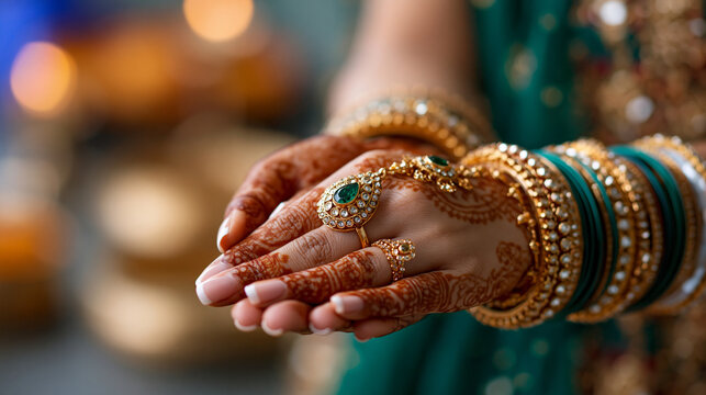 Close-up of intricately hennaed bridal hands decorated with traditional mehndi patterns and ornate jewelry, rich cultural detail, defocused soft background, henna wedding