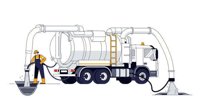 Industrial Vacuum Truck with Sanitation Worker Cleaning Sewer Drain Illustration - Waste Management and Municipal Service Concept