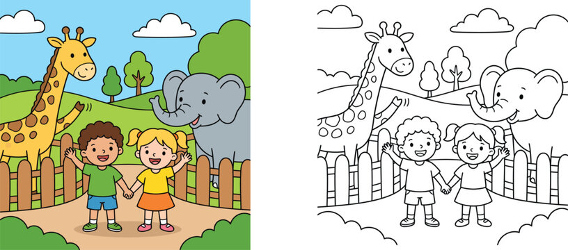 Kids coloring book page with cute children visiting zoo animals giraffe and elephant cartoon vector illustration