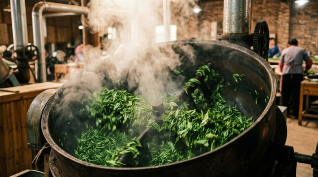 Processing Fresh Green Tea Leaves in a Steaming Industrial Roaster