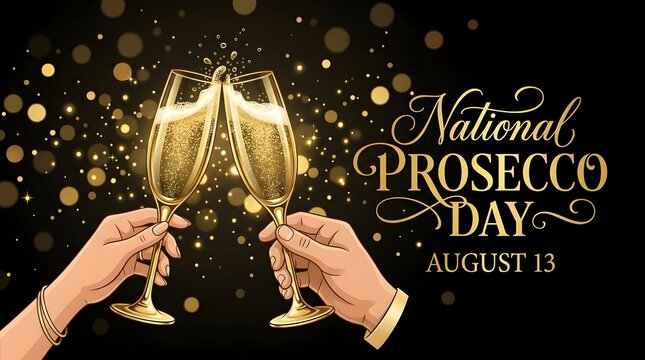 A festive illustration featuring two hands clinking crystal glasses of sparkling golden prosecco against a background of glowing bokeh lights for National Prosecco Day