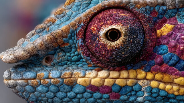 Extreme Close Up of Colorful Chameleon Eye with Vibrant Scales and Reptile Texture