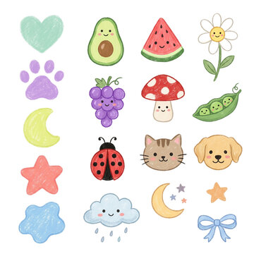 Cute Kawaii Nature Sticker Set PNG &mdash; Cat, Dog, Ladybug, Mushroom, Fruits, Cloud Cartoon Clipart Collection
