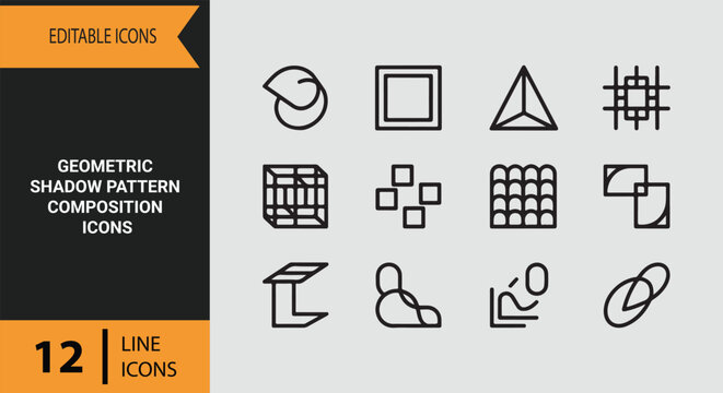 Sophisticated geometric shadow pattern composition outline icons for textile design and architectural surface aesthetics