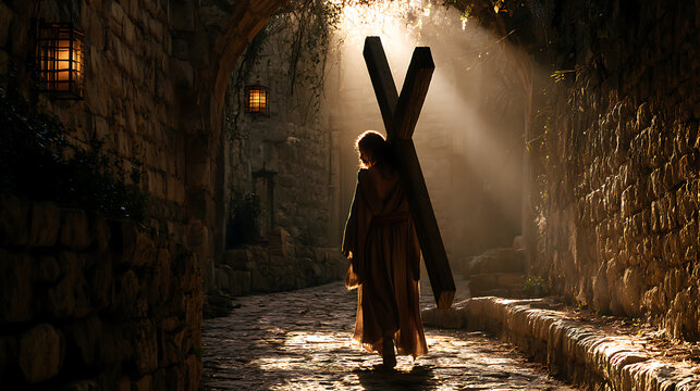 Jesus walks slowly on a dark path, carrying a large wooden cross on his back This scene shows a key moment in history during his journey. 