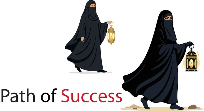 Muslim woman in black niqab holding lantern, path of success concept vector, Islamic female character walking with glowing lamp