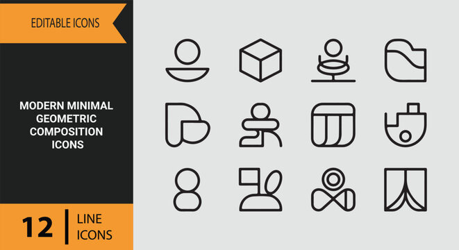 Sleek modern minimal geometric composition outline icons for technology logos and contemporary brand identity