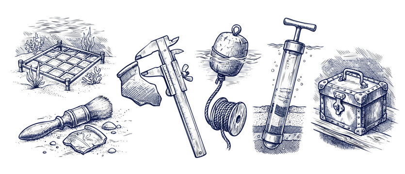 Underwater archaeology equipment drawing collection featuring marine research tools, core sampler, grid, caliper, and vintage treasure chest icons for maritime exploration history and science.