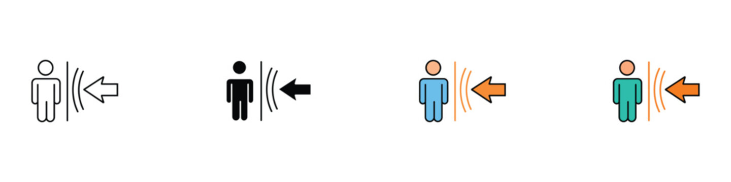Motion sensor body detection and security scanner icon set. Vector illustration of automatic door access wireless signal symbol, contactless checkpoint graphics, and person sign on white background.