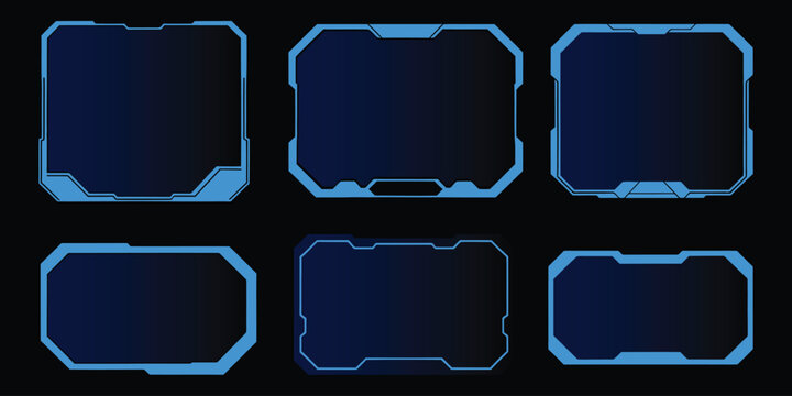 HUD sci-fi rectangular tech window frame set. Vector illustration of futuristic screen user interface layout, neon blue cyberpunk gaming overlay graphics, and digital panel on black background.