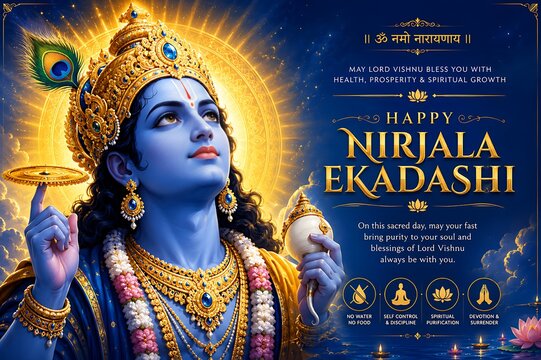 Lord Vishnu on Vaikunth Ekadashi, Krishna/Krushna Janmashtami, Ram Navami, Narsimha Jayanti, Onam, Ekadashi Vrat, Ananta Chaturdashi, Tulasi Vivah, Nirjala Ekadashi, Varah Jayanti, Aashadhi Ekadashi