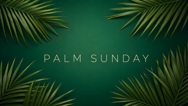 Palm sunday greeting card with green palm leaves on dark green background