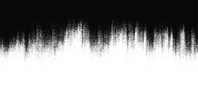 Black and white  photocopy texture with vertical halftone gradient. Digital noise border design and dotted lines transition from dark to light.
