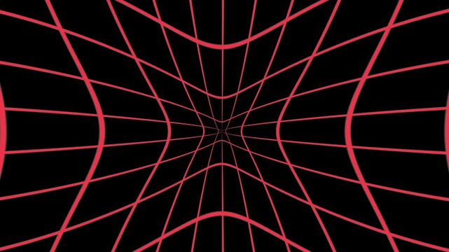 Abstract 3D red perspective grid lines forming a star shape tunnel pulse over a solid black background.