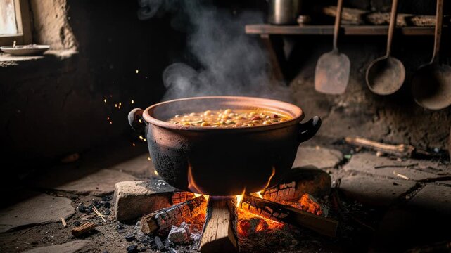 Traditional rustic cooking with clay pot over open fire in cozy kitchen setting