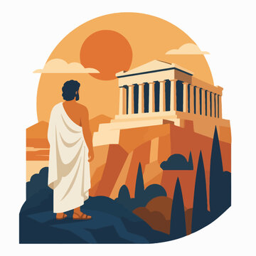 Ancient Greek philosopher looking at the Parthenon temple in Athens at sunset flat vector illustration.