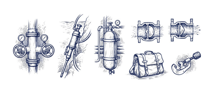 Plumbing vintage engineering illustration sketches of industrial tools, pipes, valves, gas cylinder and equipment schematics in custom engraving style for retro blueprints and technical catalog design