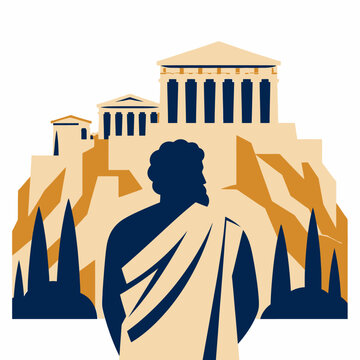 Ancient Greek Philosopher Silhouette Standing Before the Parthenon Temple on the Acropolis Hill.