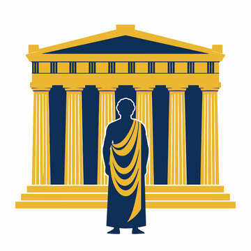 Ancient Greek philosopher silhouette standing in front of a classical temple with doric columns.