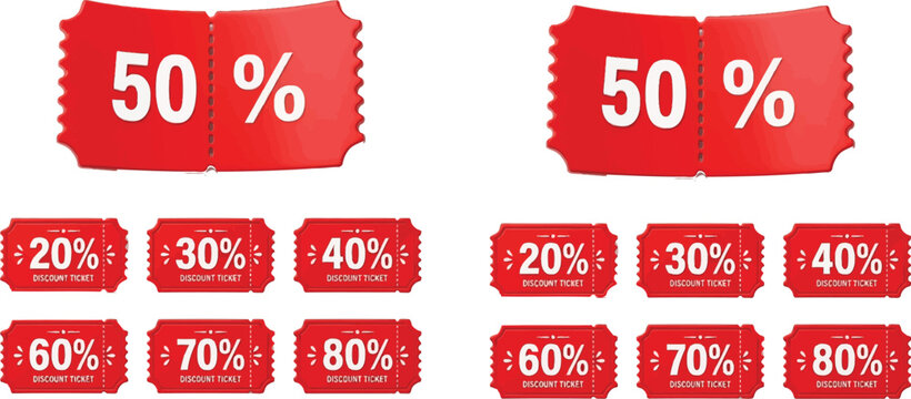 Set of red discount tickets featuring various percentage off values discount percentage shopping marketing promotion business commerce advertising customer consumer seasonal collection