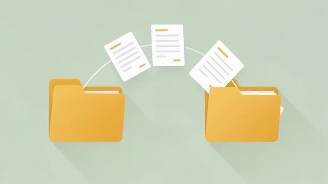 Digital file transfer concept with yellow folders and flying documents on soft green background