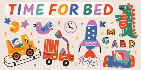 Bedtime Illustration With Clock Toys And Dinosaur Characters © Prodip