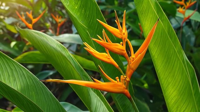 Vibrant orange heliconia flowers bloom amidst lush green tropical foliage in a garden