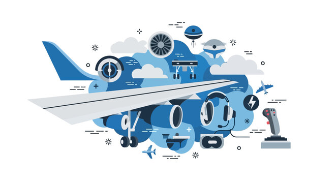 Aviation Technology and Aerospace Engineering Concept Illustration with Flight Simulator, Pilot Headset, and Drone Elements