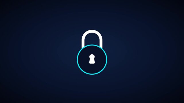 Cyber security network padlock snapping shut with glowing cyan circuit pulses