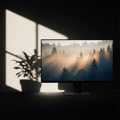 Fototapeta premium Serene mountain landscape with pine trees at sunrise.