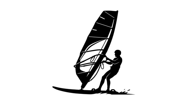 Silhouette of a windsurfer actively riding a board with a large sail, captured in motion with water splashes PNG Isolated on transparent background