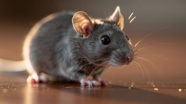 Close up of a cute gray mouse with big eyes on wooden floor in natural light