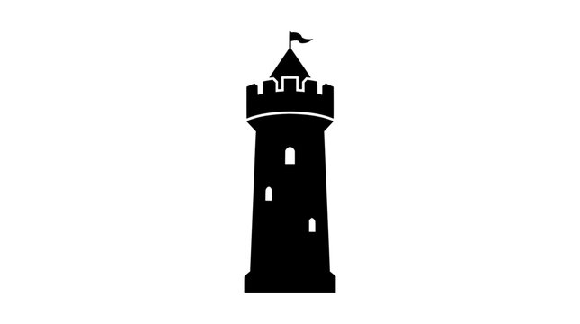Medieval castle tower with battlements and flag on top, a simple black silhouette illustration PNG Isolated on transparent background