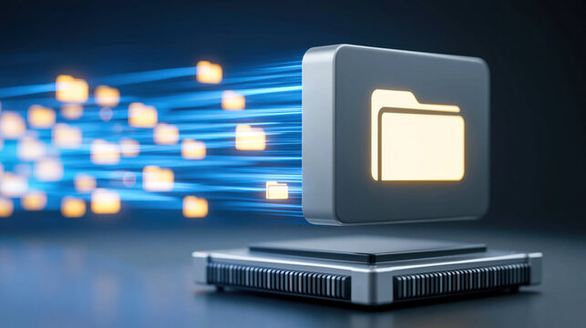 Digital folder icon above processor with glowing file transfer streams conveying fast enterprise document management and secure cloud workflow