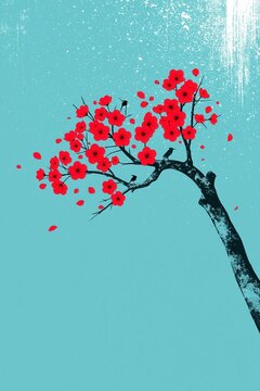 Bright red flowers on a tree with a blue background show the beauty of nature during springtime