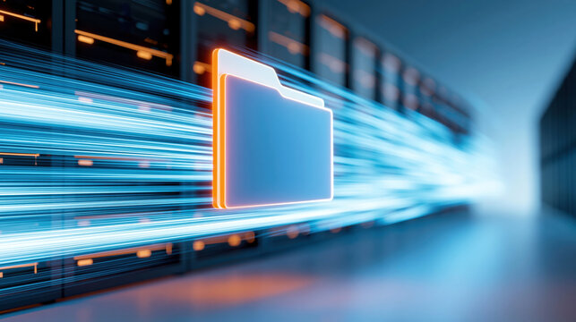 Neon folder icon streaming through futuristic data center with high speed light trails conveying secure file transfer energy