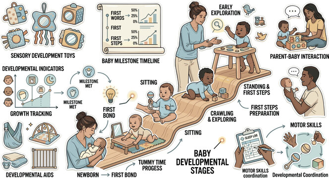Baby Developmental Stages Infographic Vector Set Featuring Milestone Timeline Growth Tracking Tummy Time Sitting Crawling and Parent Interaction Illustrations